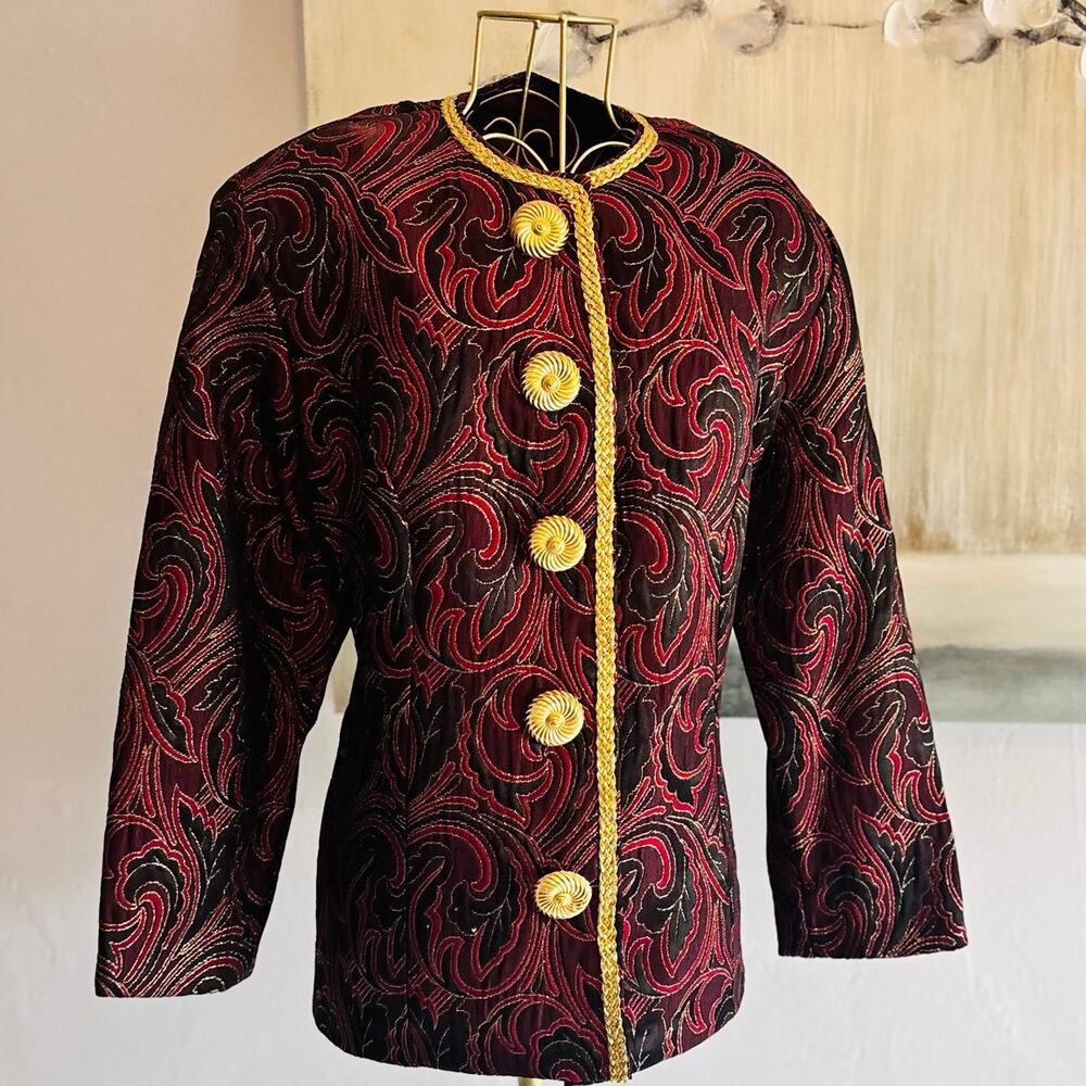 Handmade Brocade Jacket Burgundy Black Gold Metallic Buttons Statement Blazer